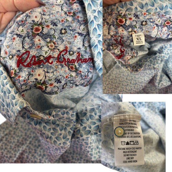 ROBERT GRAHAM BLUE FOLIAGE/LEAVES SHORT SLEEVE BUTTON DOWN 100% COTTON SHIRT‎ XL - Picture 5 of 5